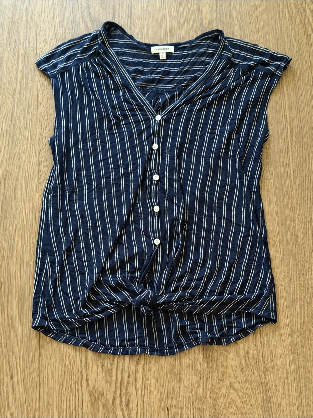 Navy White Stripe Sleeveless Tie Front Blouse Size M